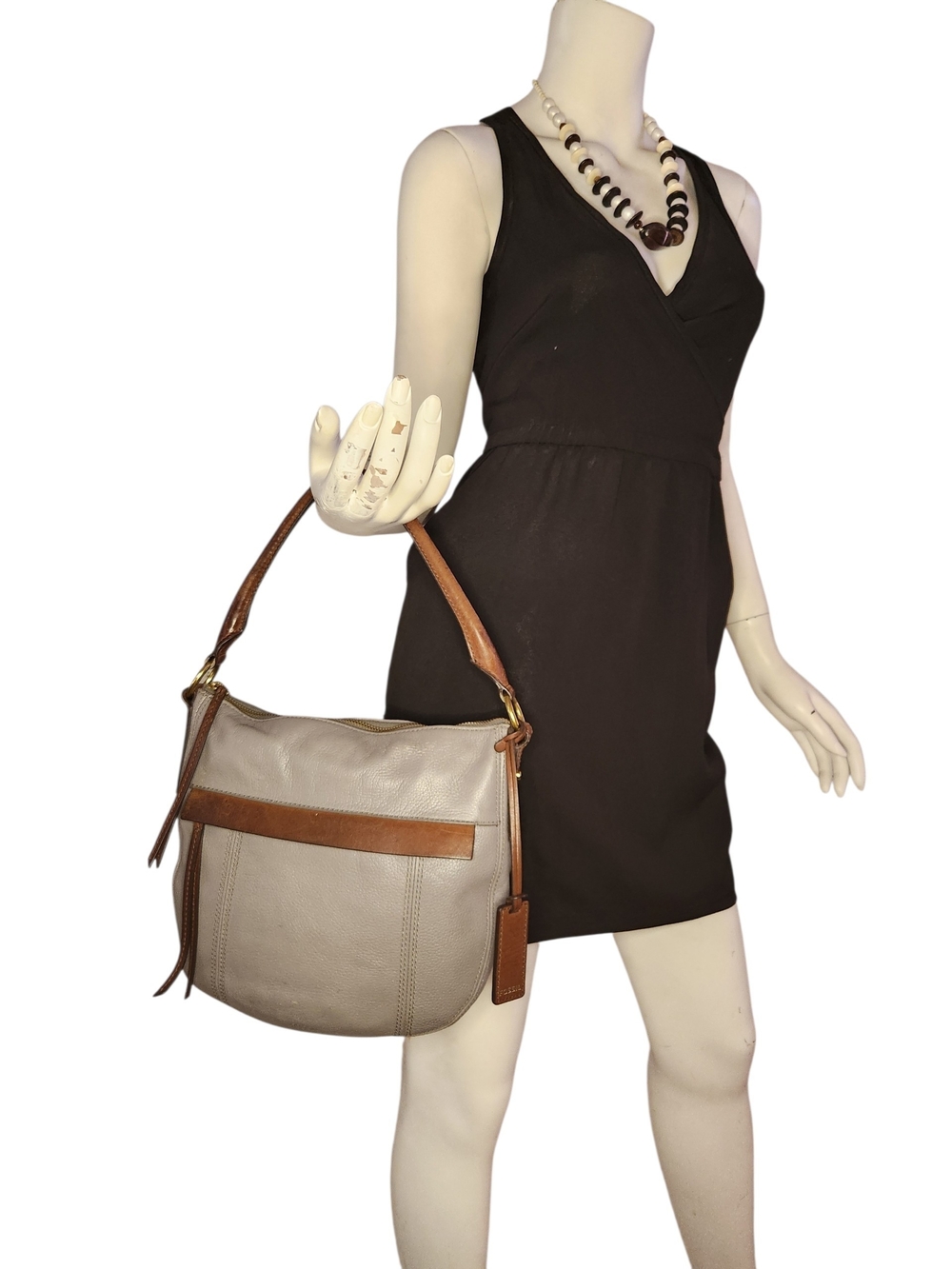 FOSSIL PEBBLED LEATHER GRAY BROWN HAND SHOULDER BAG PURSE EUC